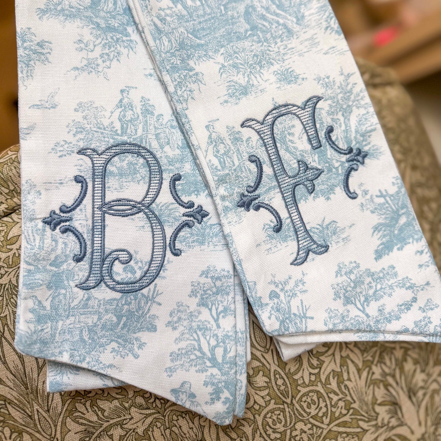 Blue toile sash