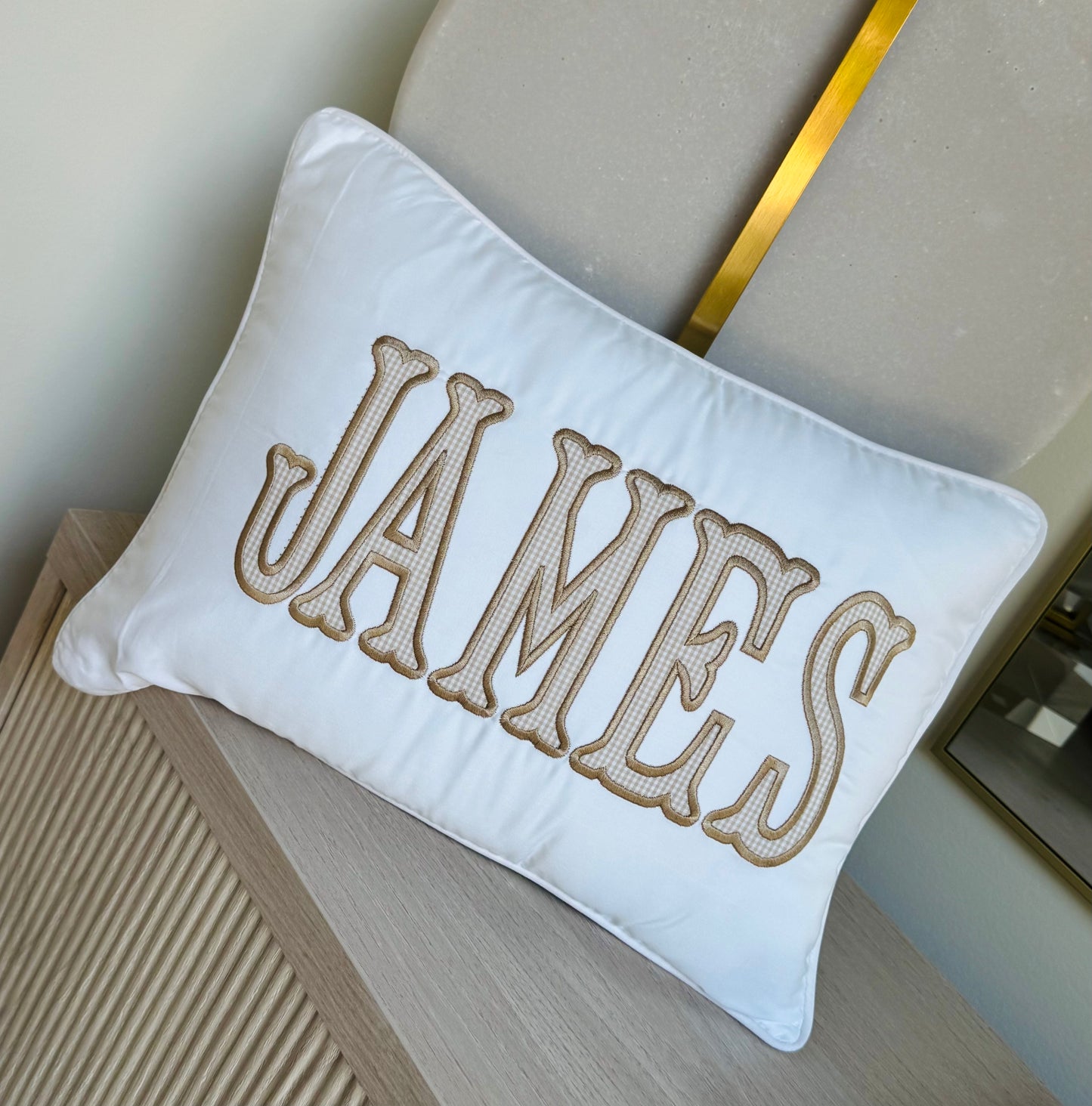 Tan Gingham Trim Pillow