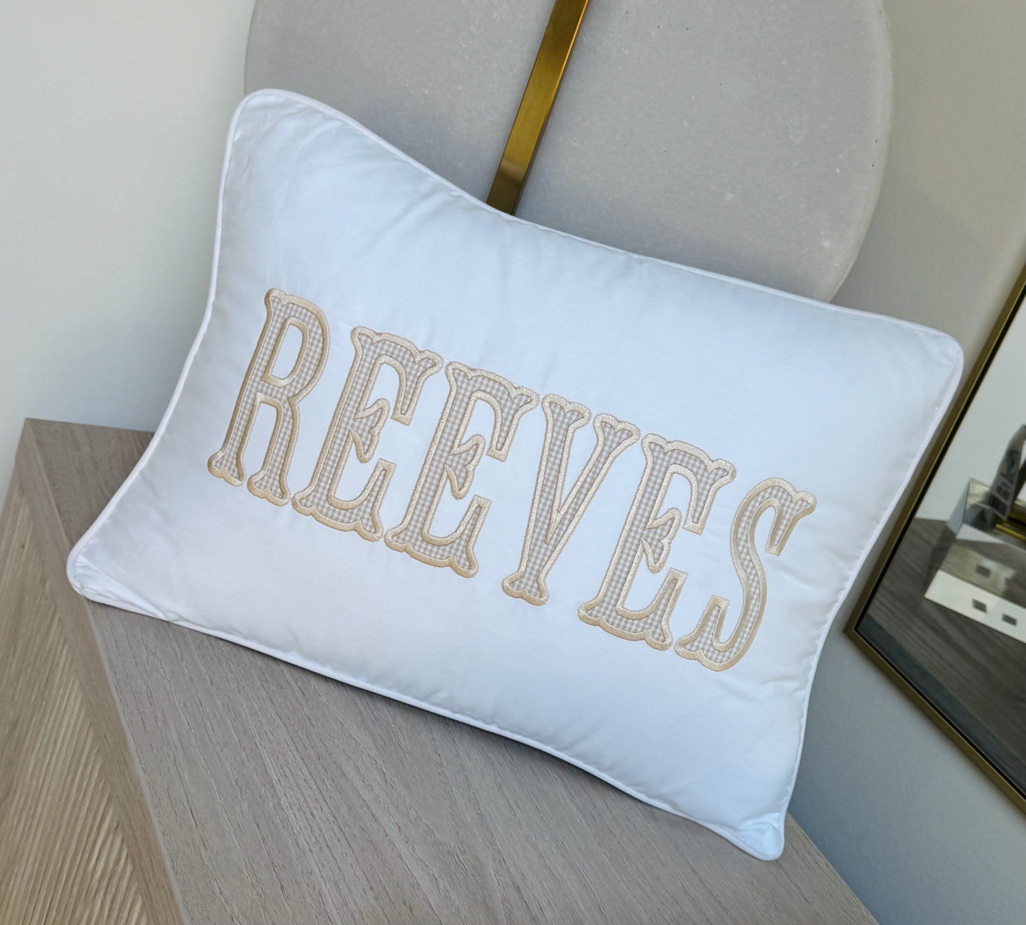 Tan Gingham Trim Pillow