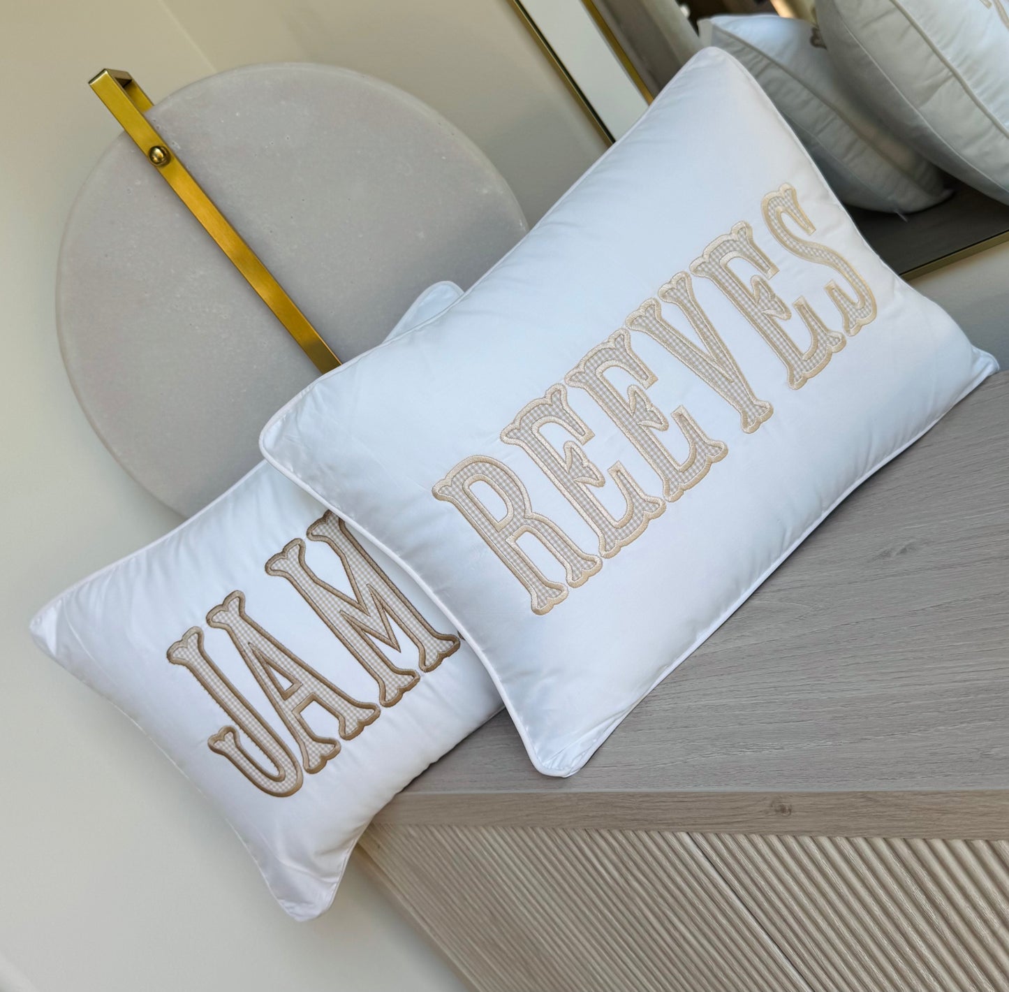 Tan Gingham Trim Pillow